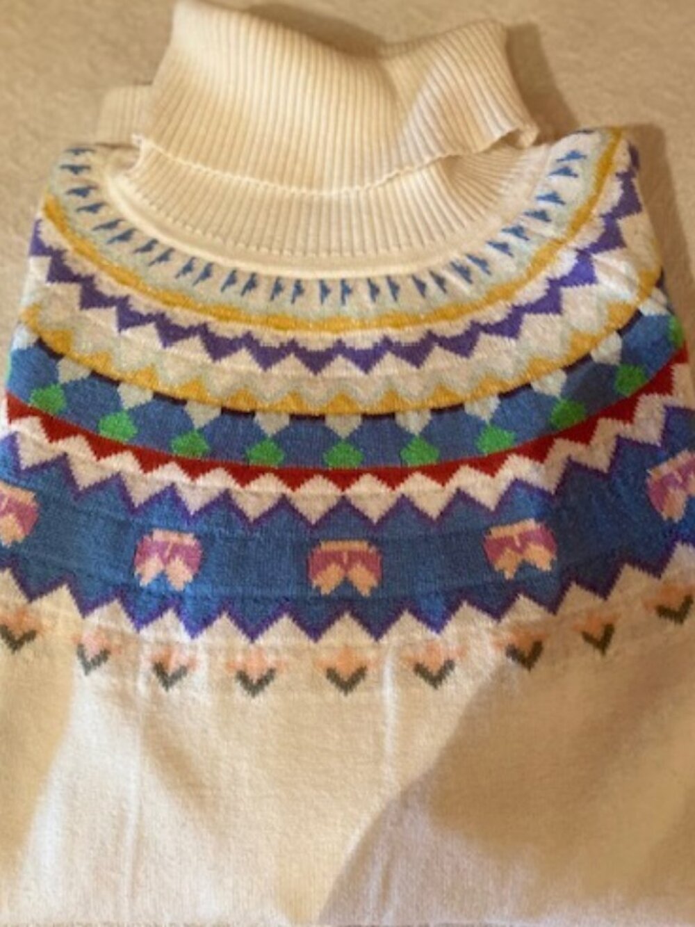White LLBean Turtleneck Fair Isle Cotton Cashmere Size M excellent clean